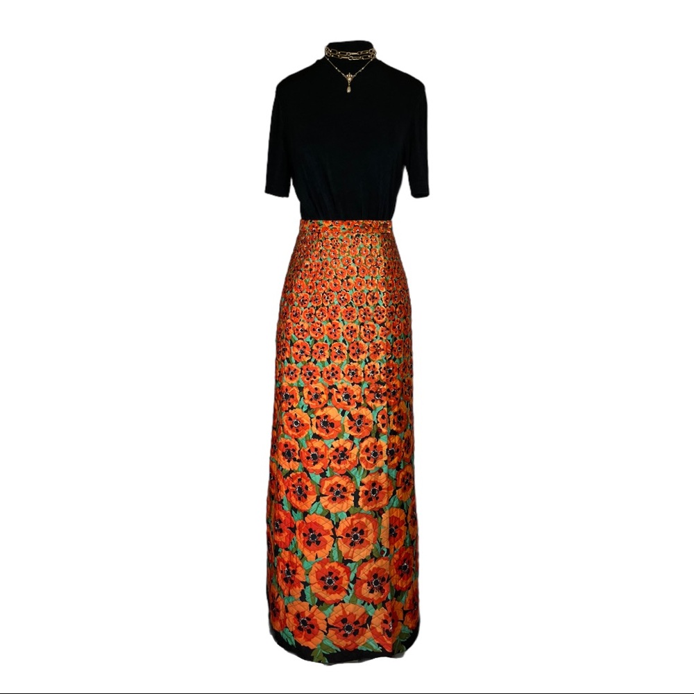 VINTAGE 1970s HIPPIE QUILTED FLORAL POPPY MAXI SKIRT FULL BUTTON UP SIDE / SLIT